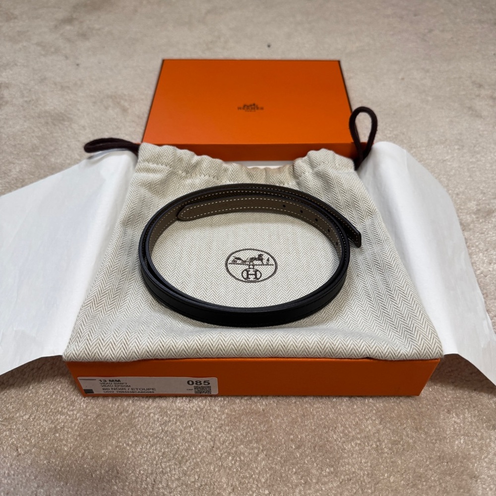 Hermes 13MM Noir / Etoupe Reversible Belt Size 85